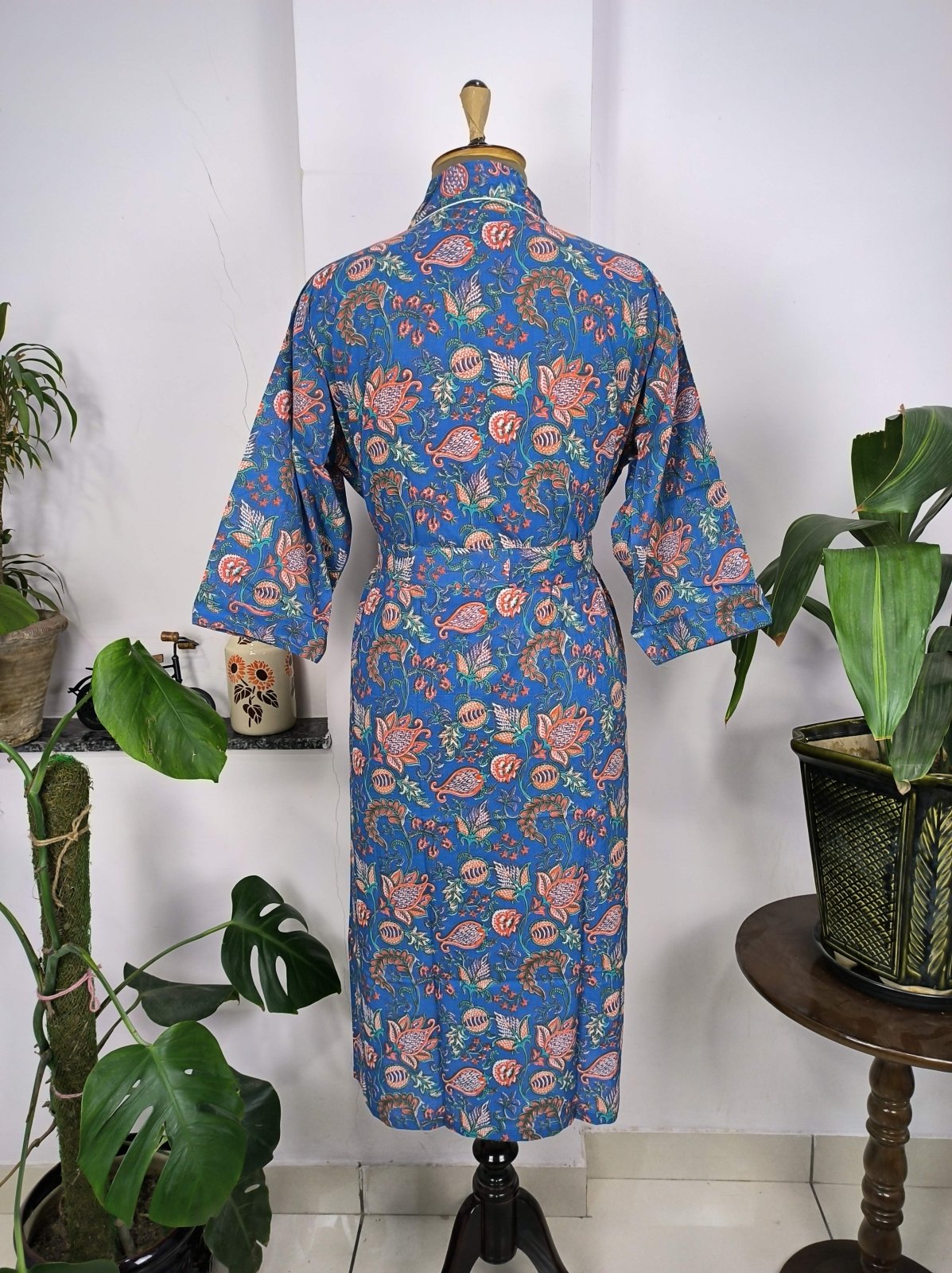 block-printed Cotton Kimono Robe in floral