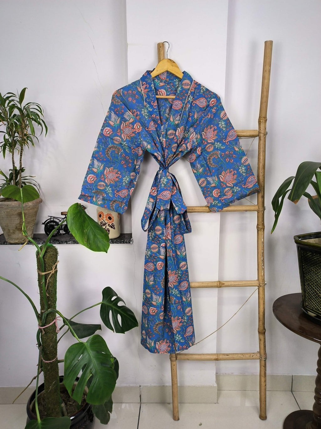 block-printed Cotton Kimono Robe in floral
