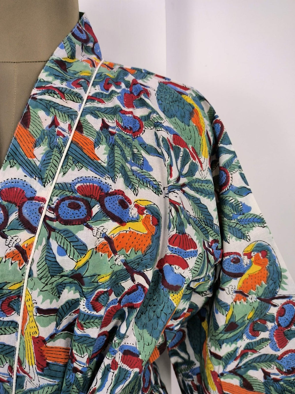 block-printed Cotton Kimono Robe in bird