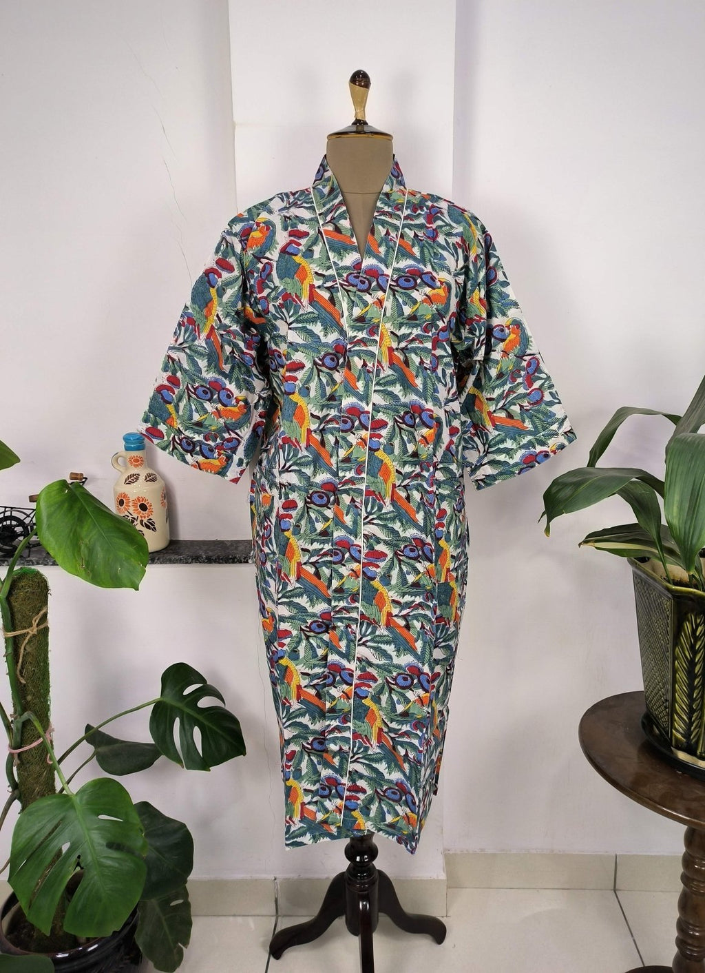block-printed Cotton Kimono Robe in bird