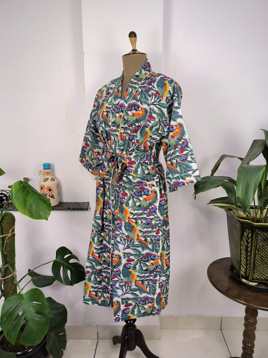 block-printed Cotton Kimono Robe in bird