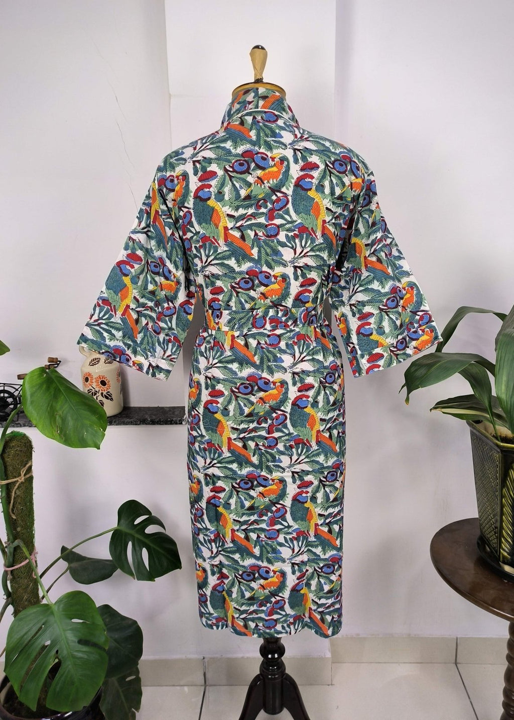 block-printed Cotton Kimono Robe in bird