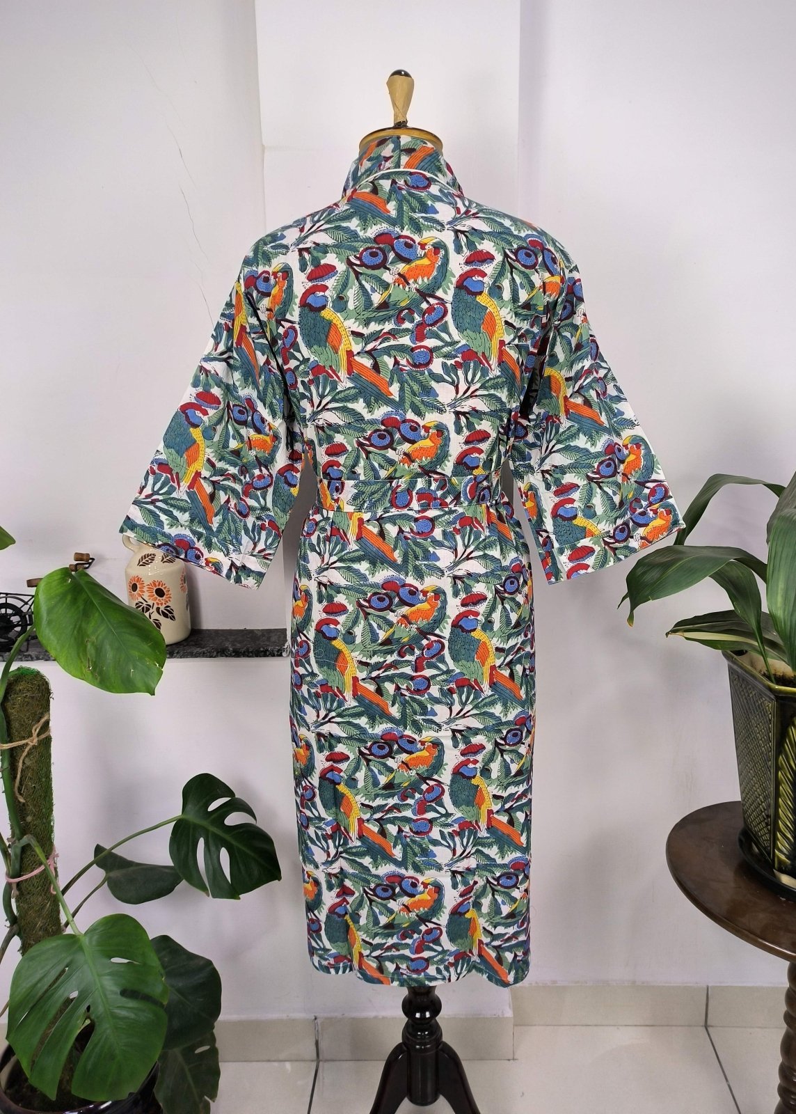 block-printed Cotton Kimono Robe in bird
