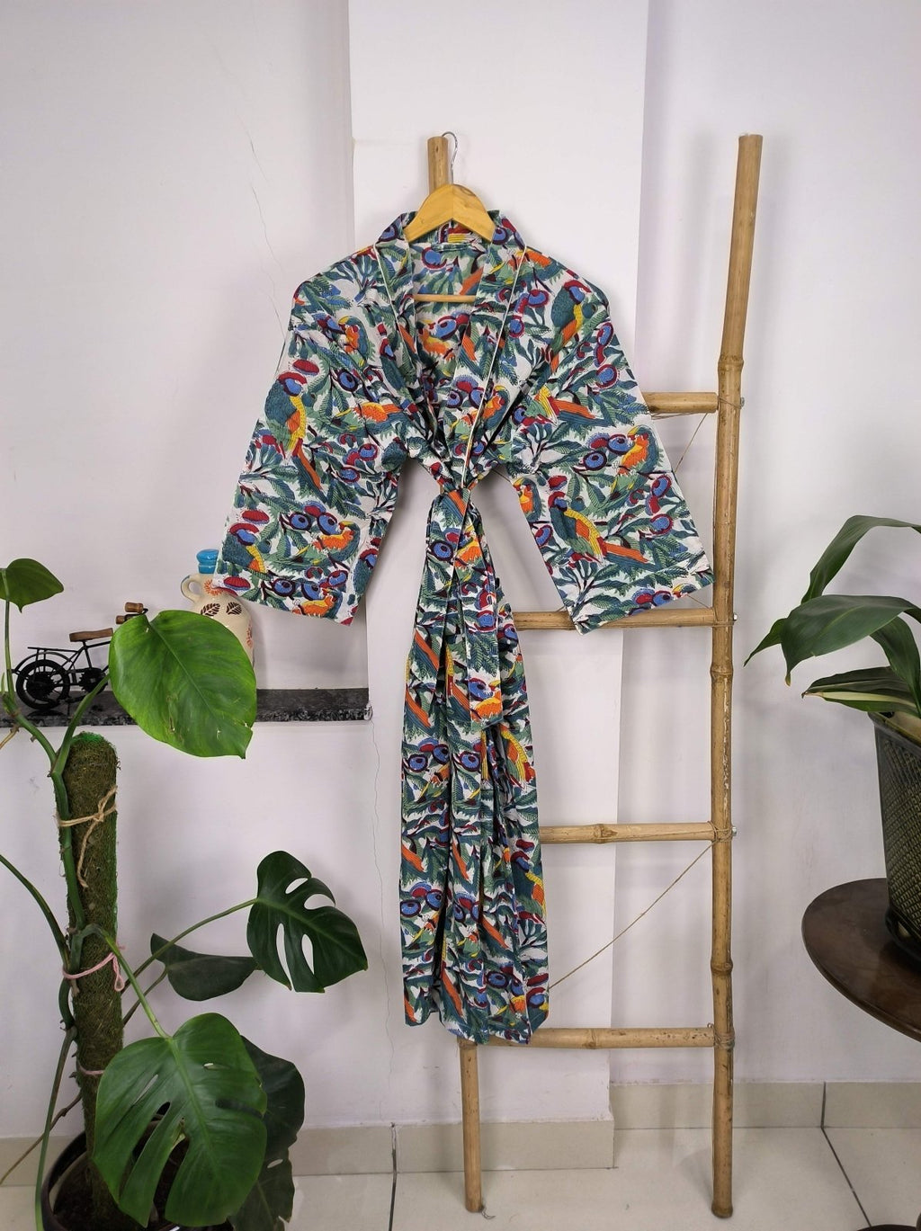 block-printed Cotton Kimono Robe in bird