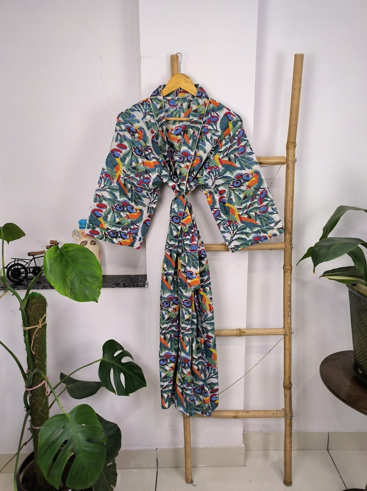 block-printed Cotton Kimono Robe in bird