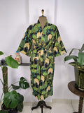 block-printed Cotton Kimono Robe in peacock