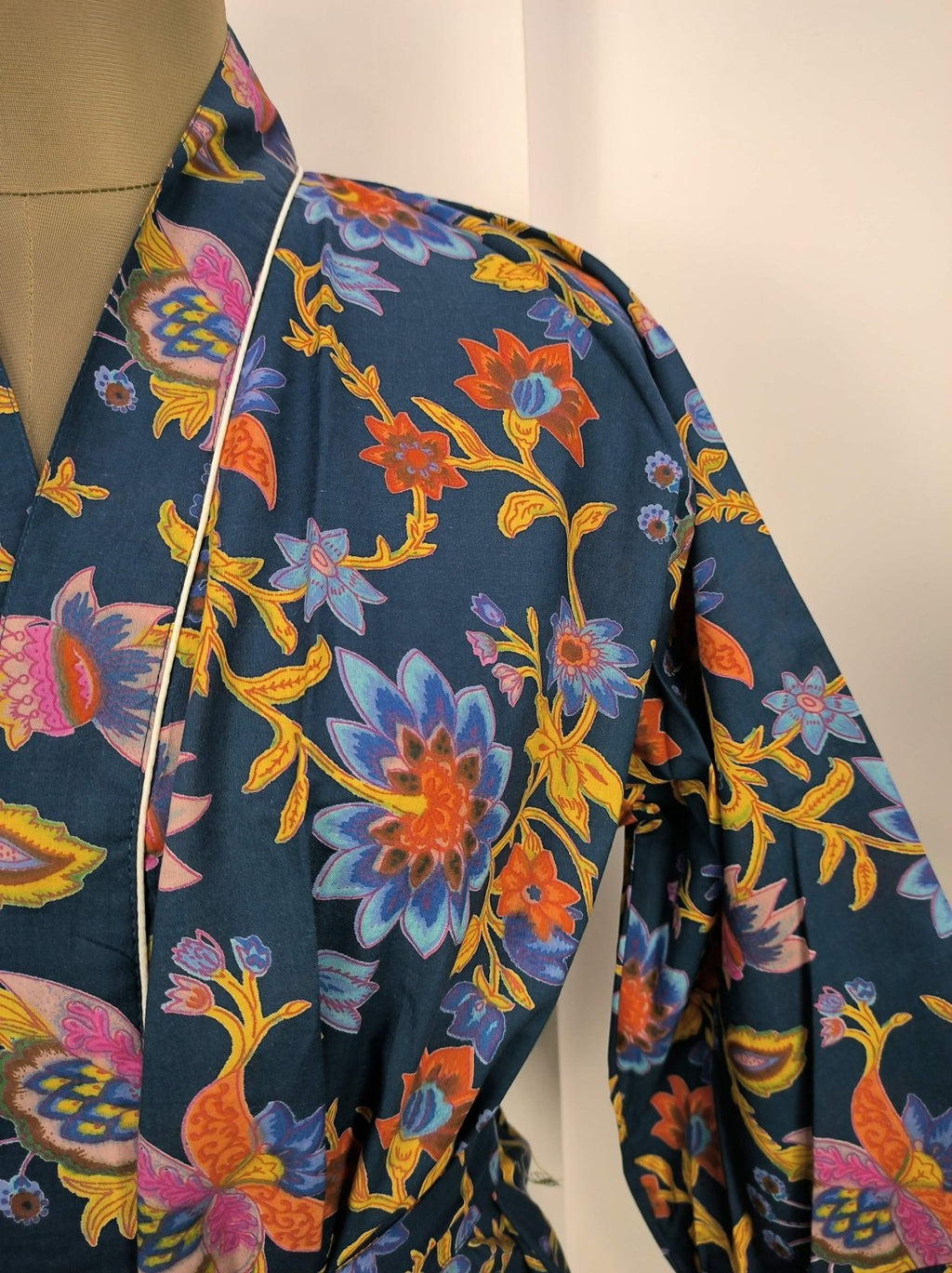 block-printed Cotton Kimono Robe in red floral