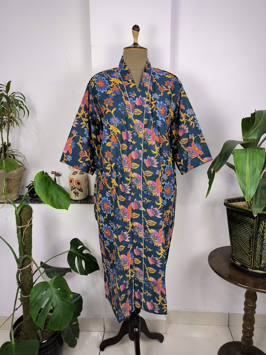 block-printed Cotton Kimono Robe in red floral
