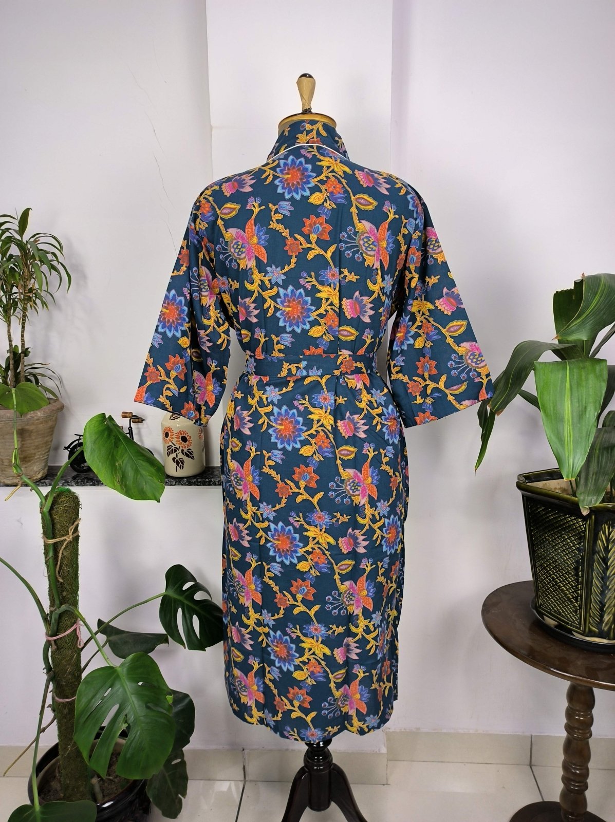 block-printed Cotton Kimono Robe in red floral