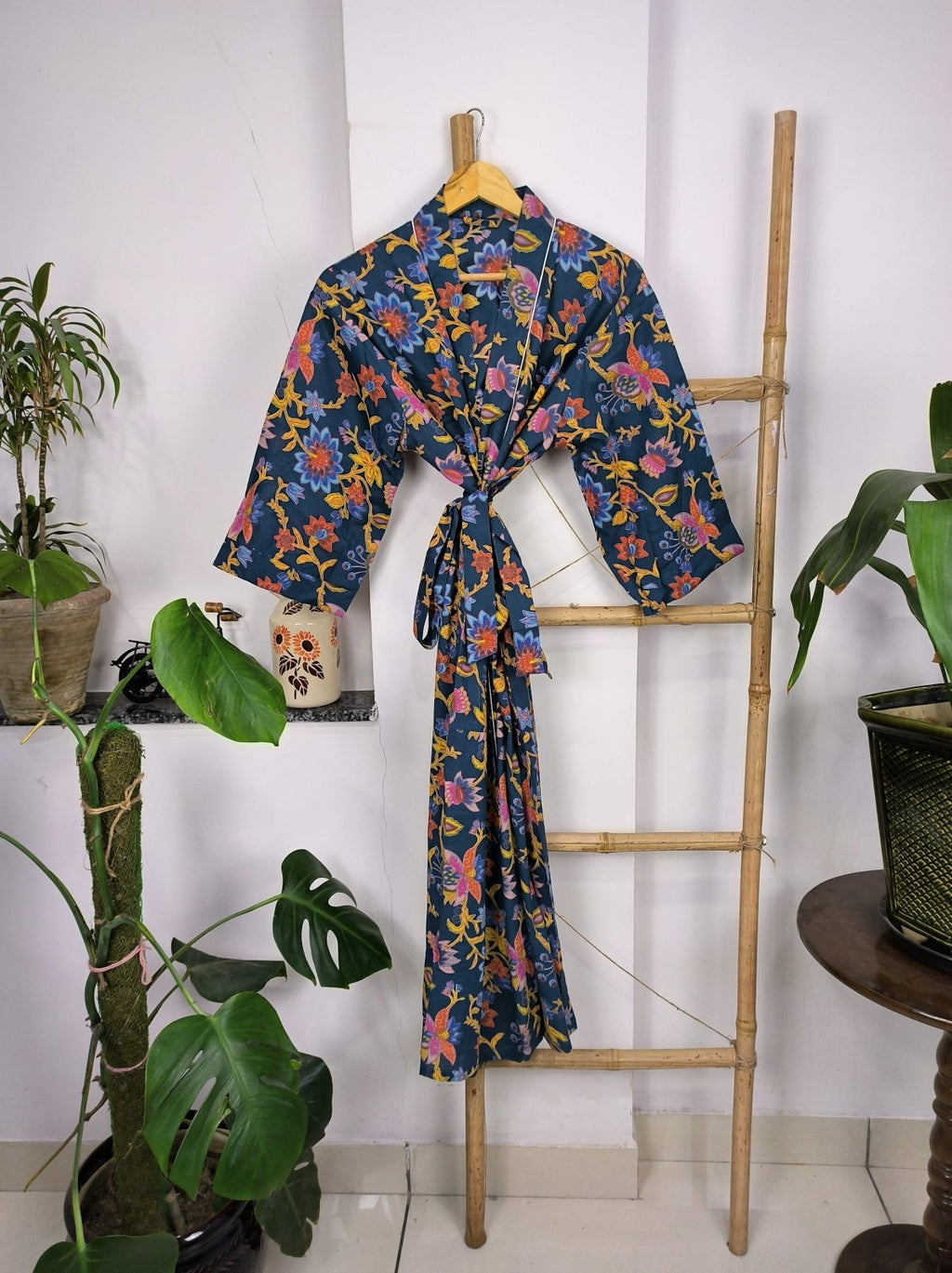 block-printed Cotton Kimono Robe in red floral