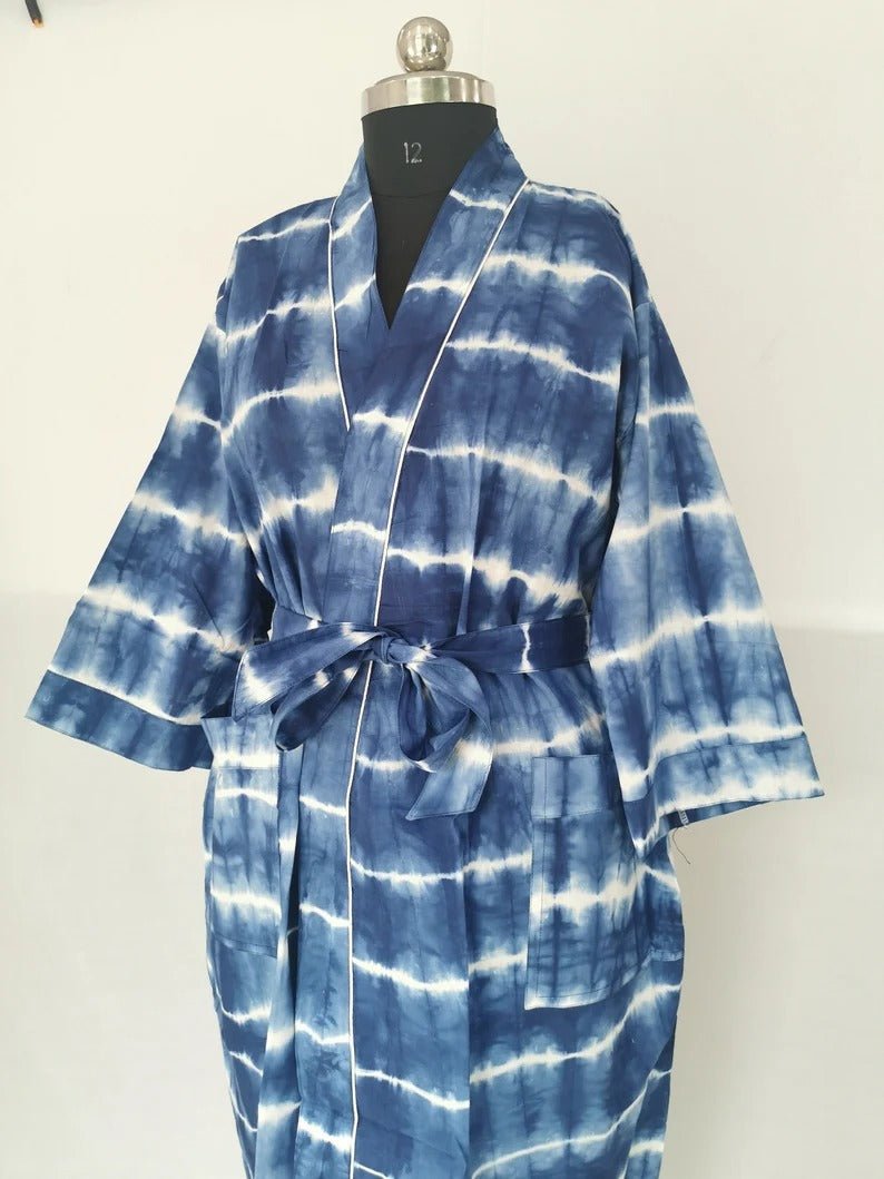 Women's Cotton Kimono Robe in blue indigo tie-dye