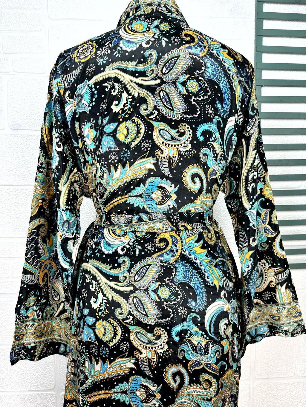 Men's Silk Kimono Robe in black blue floral