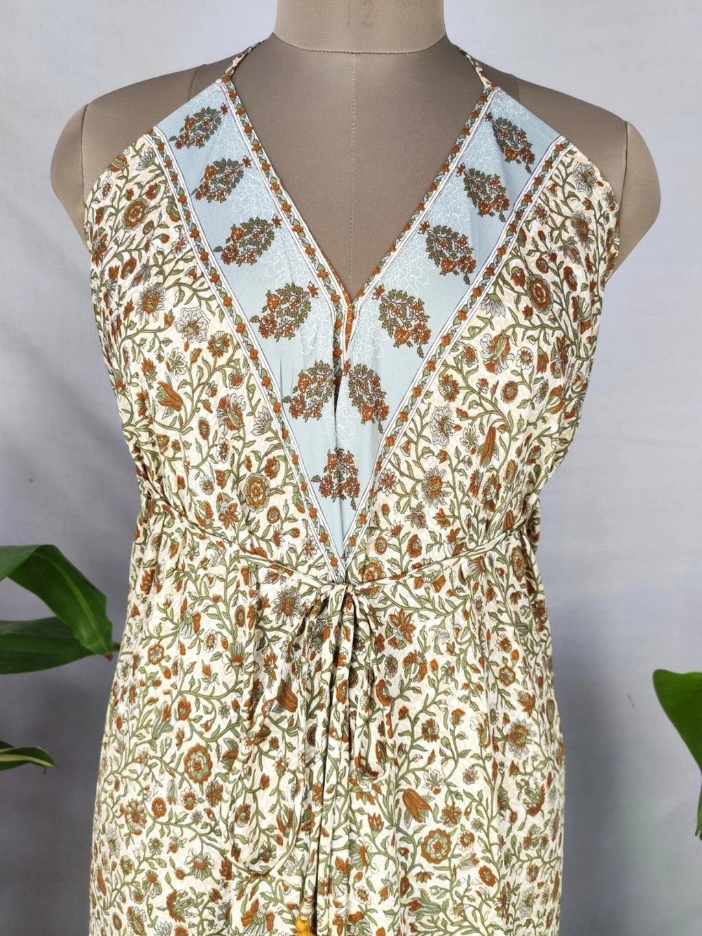 Recycled Silk Halter Maxi Dress in ivory brown floral
