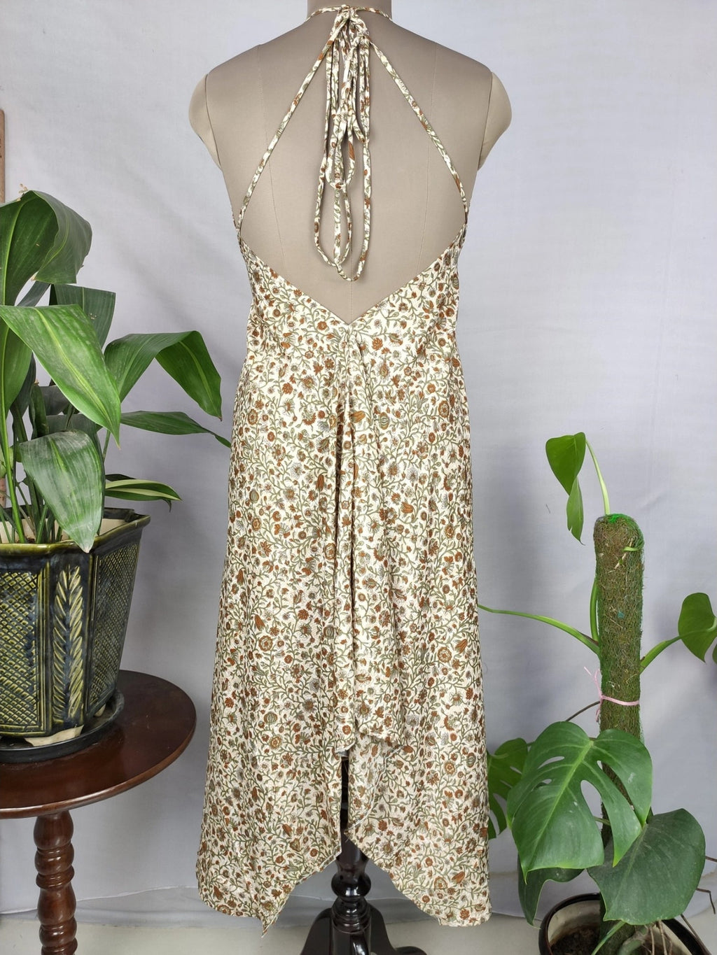 Recycled Silk Halter Maxi Dress in ivory brown floral