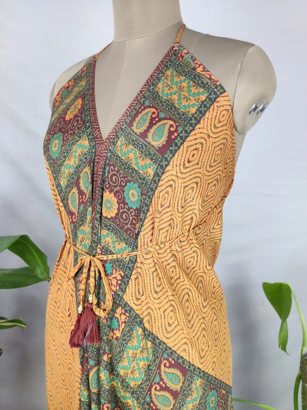 Recycled Silk Halter Maxi Dress in orange green paisley
