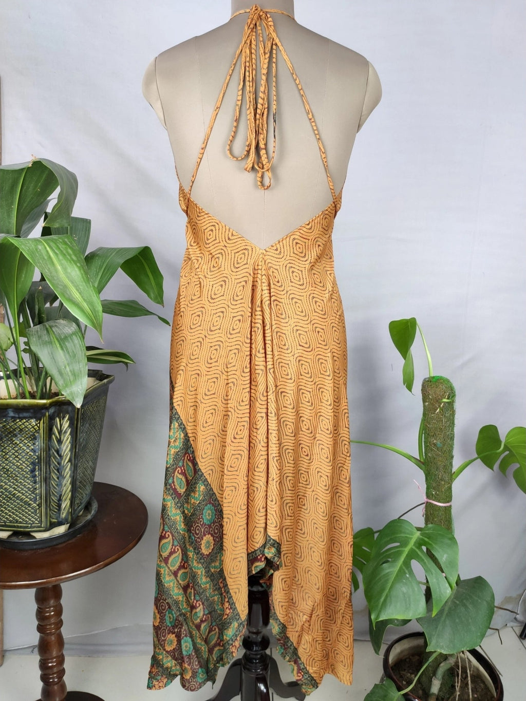 Recycled Silk Halter Maxi Dress in orange green paisley