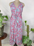 Recycled Silk Halter Maxi Dress in pink purple floral