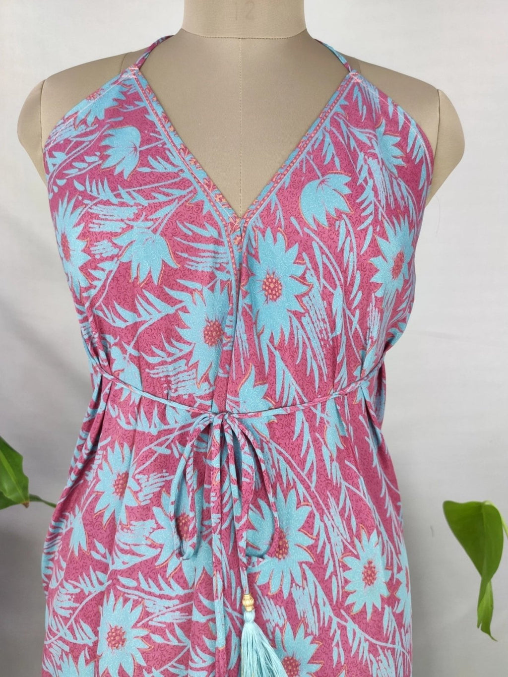 Recycled Silk Halter Maxi Dress in pink purple floral