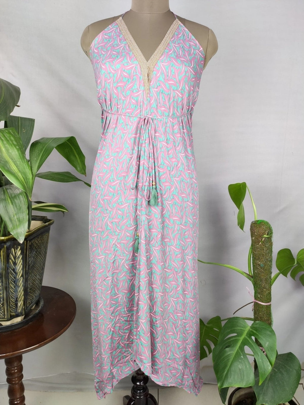 Recycled Silk Halter Maxi Dress in pink turquoise
