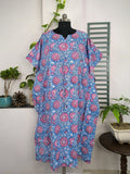 block-printed Cotton Kaftan Dress in blue pink gardenia