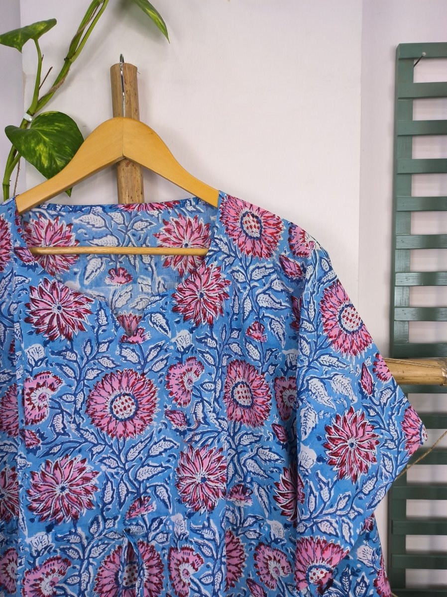 block-printed Cotton Kaftan Dress in blue pink gardenia