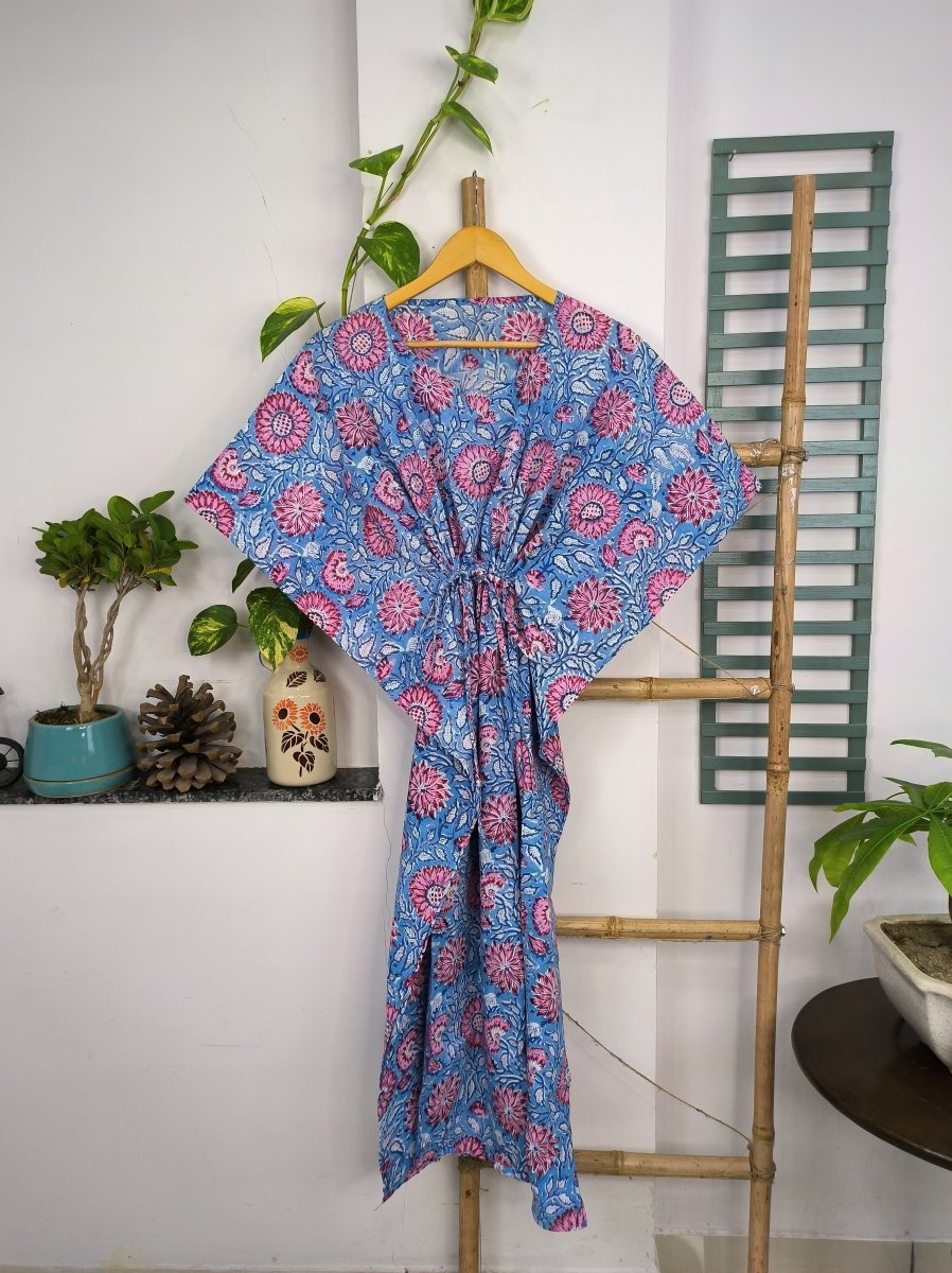 block-printed Cotton Kaftan Dress in blue pink gardenia