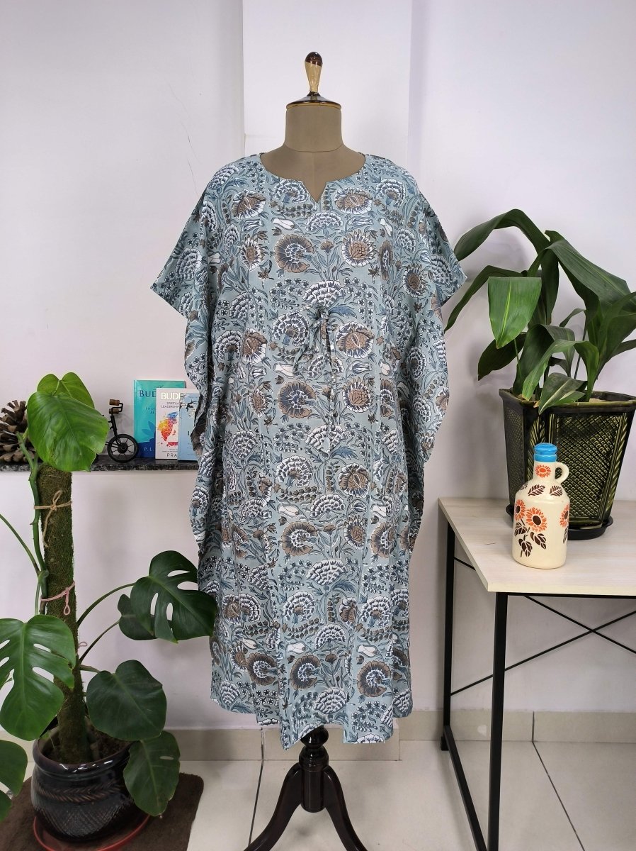block-printed Cotton Kaftan Dress in grey botanical
