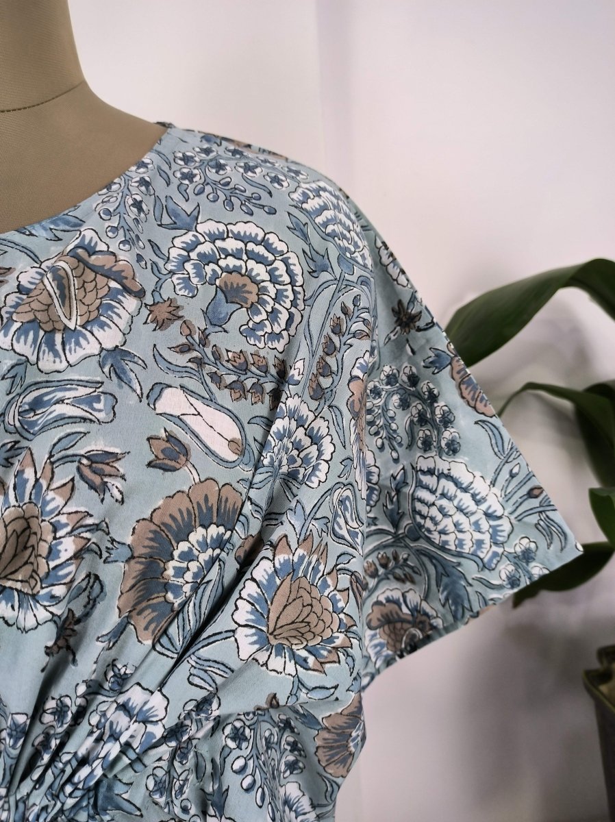 block-printed Cotton Kaftan Dress in grey botanical