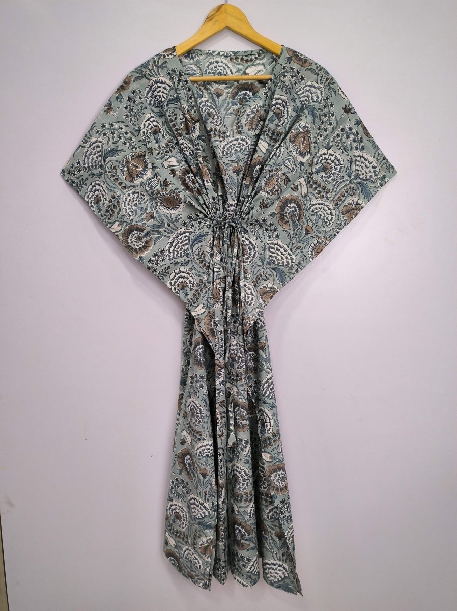 block-printed Cotton Kaftan Dress in grey botanical