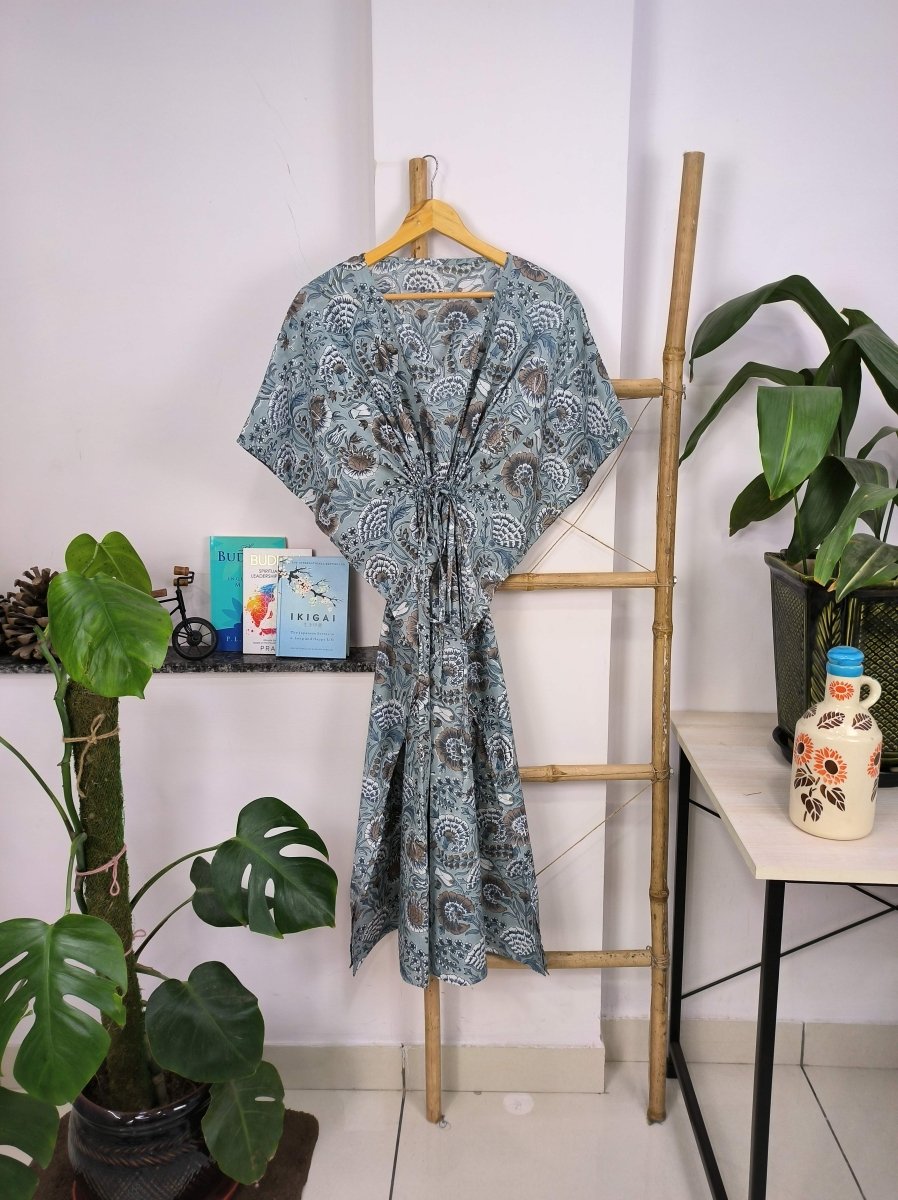 block-printed Cotton Kaftan Dress in grey botanical