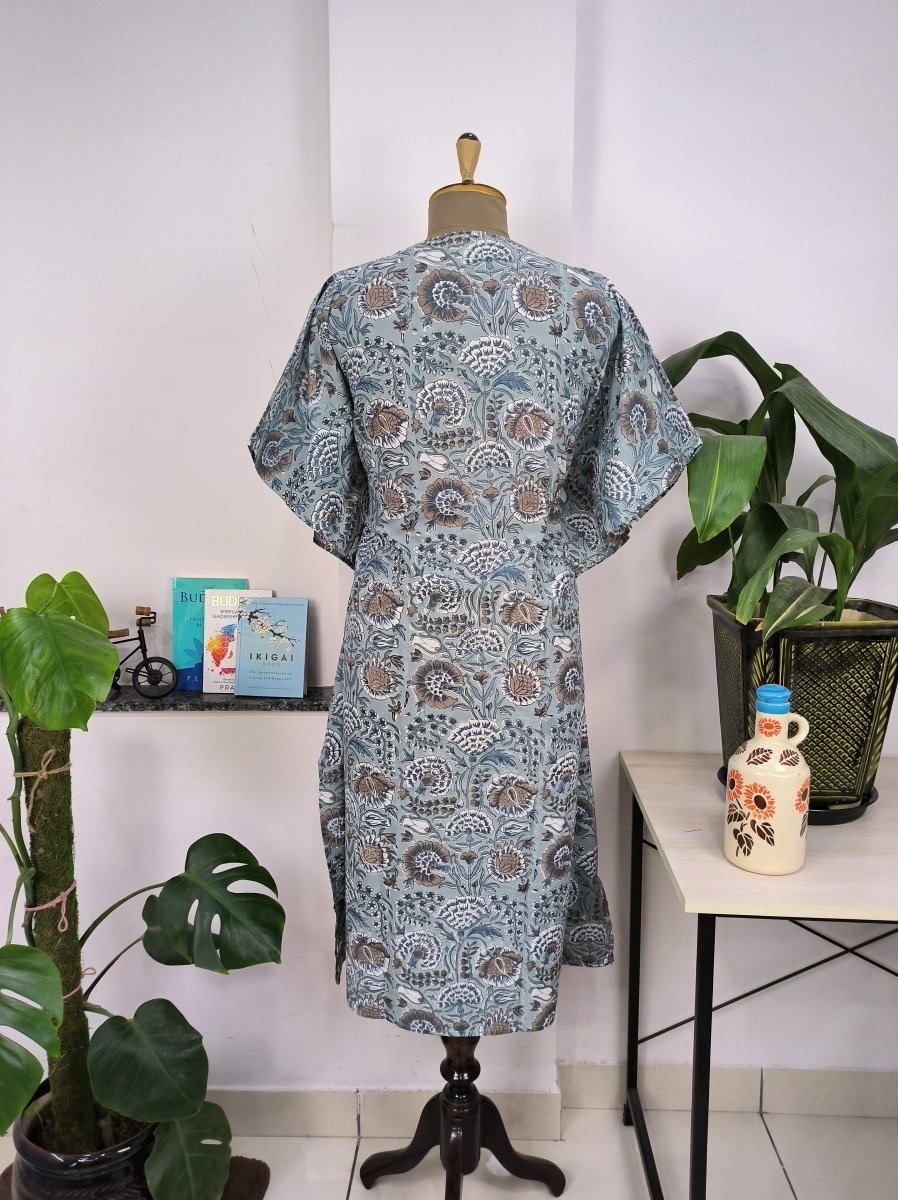 block-printed Cotton Kaftan Dress in grey botanical