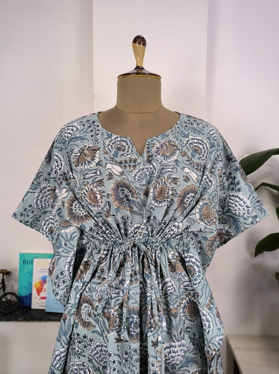 block-printed Cotton Kaftan Dress in grey botanical