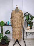 block-printed Cotton Kaftan Dress in golden brown