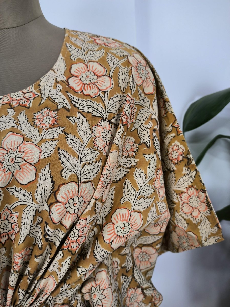 block-printed Cotton Kaftan Dress in golden brown