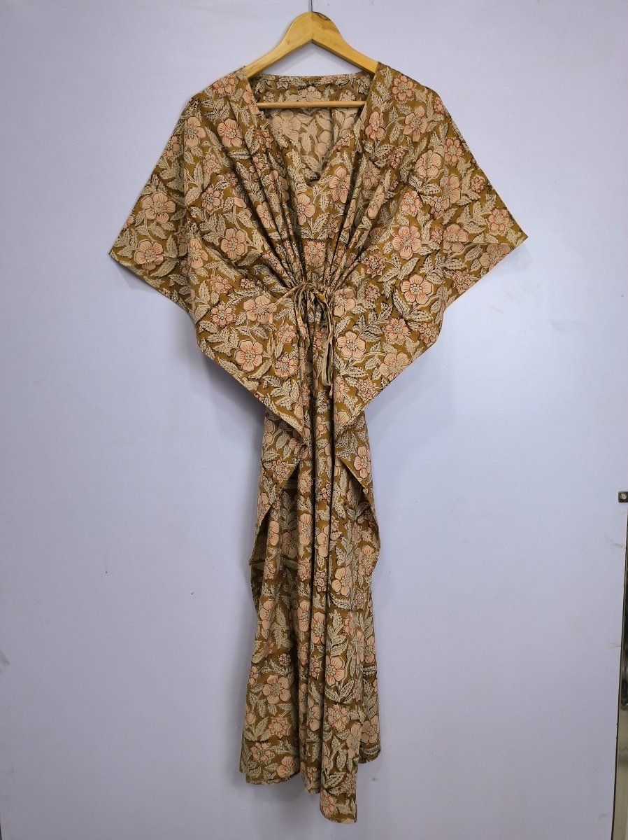 block-printed Cotton Kaftan Dress in golden brown