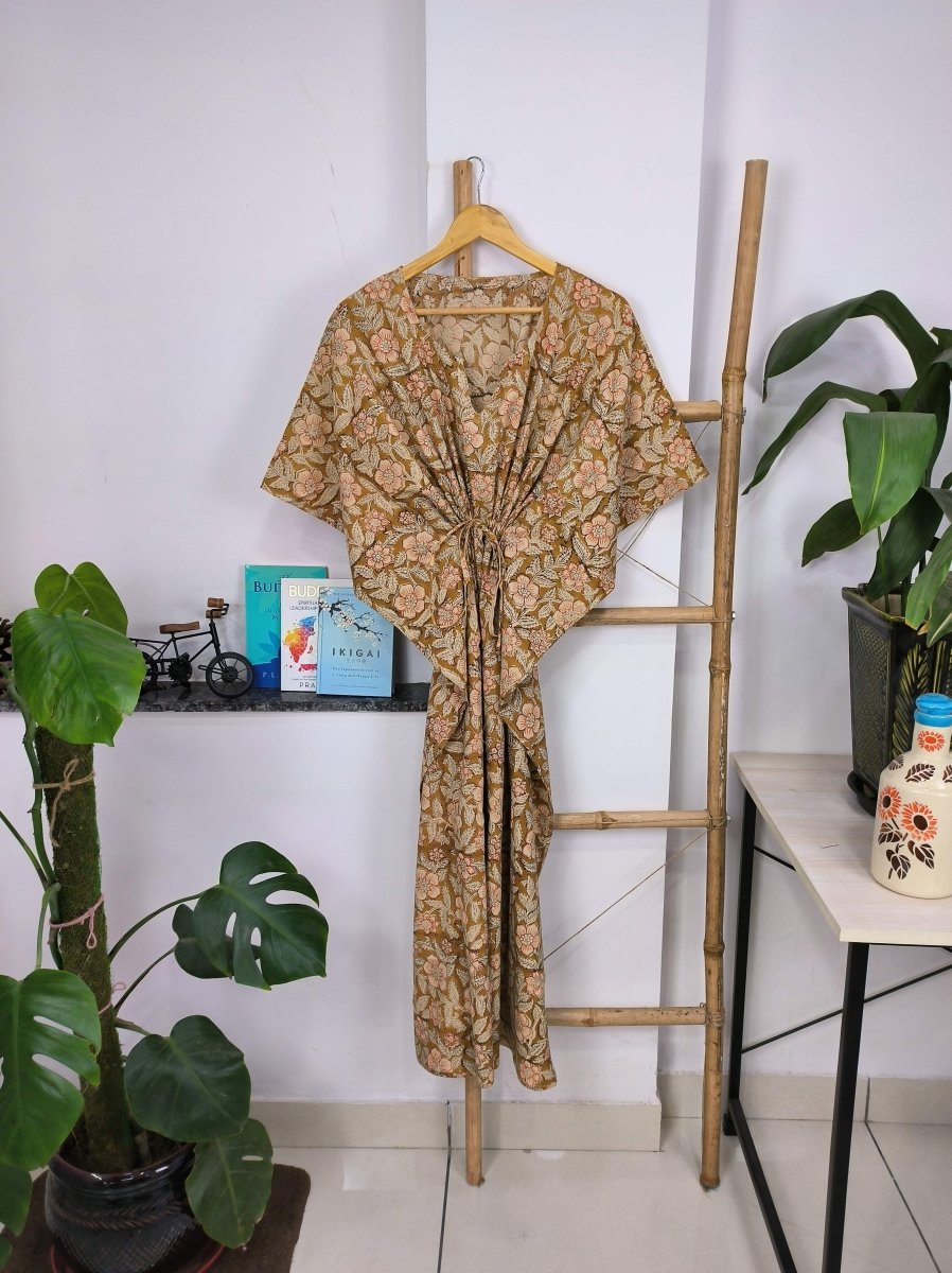 block-printed Cotton Kaftan Dress in golden brown