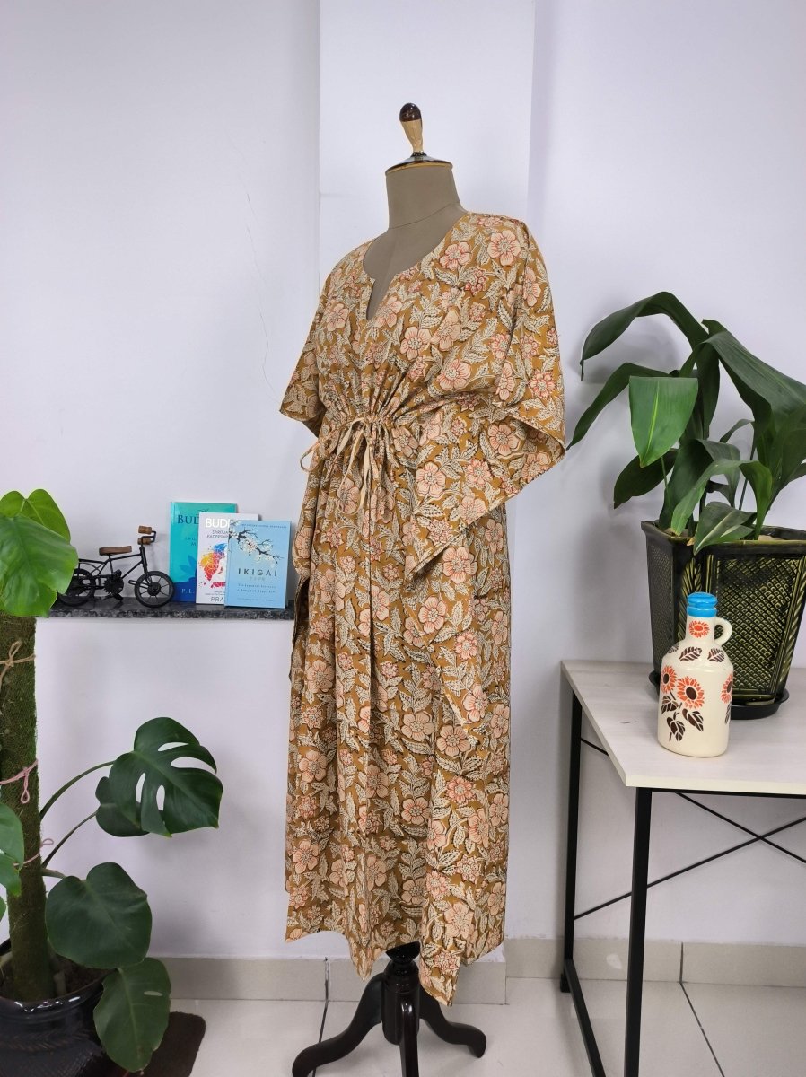 block-printed Cotton Kaftan Dress in golden brown