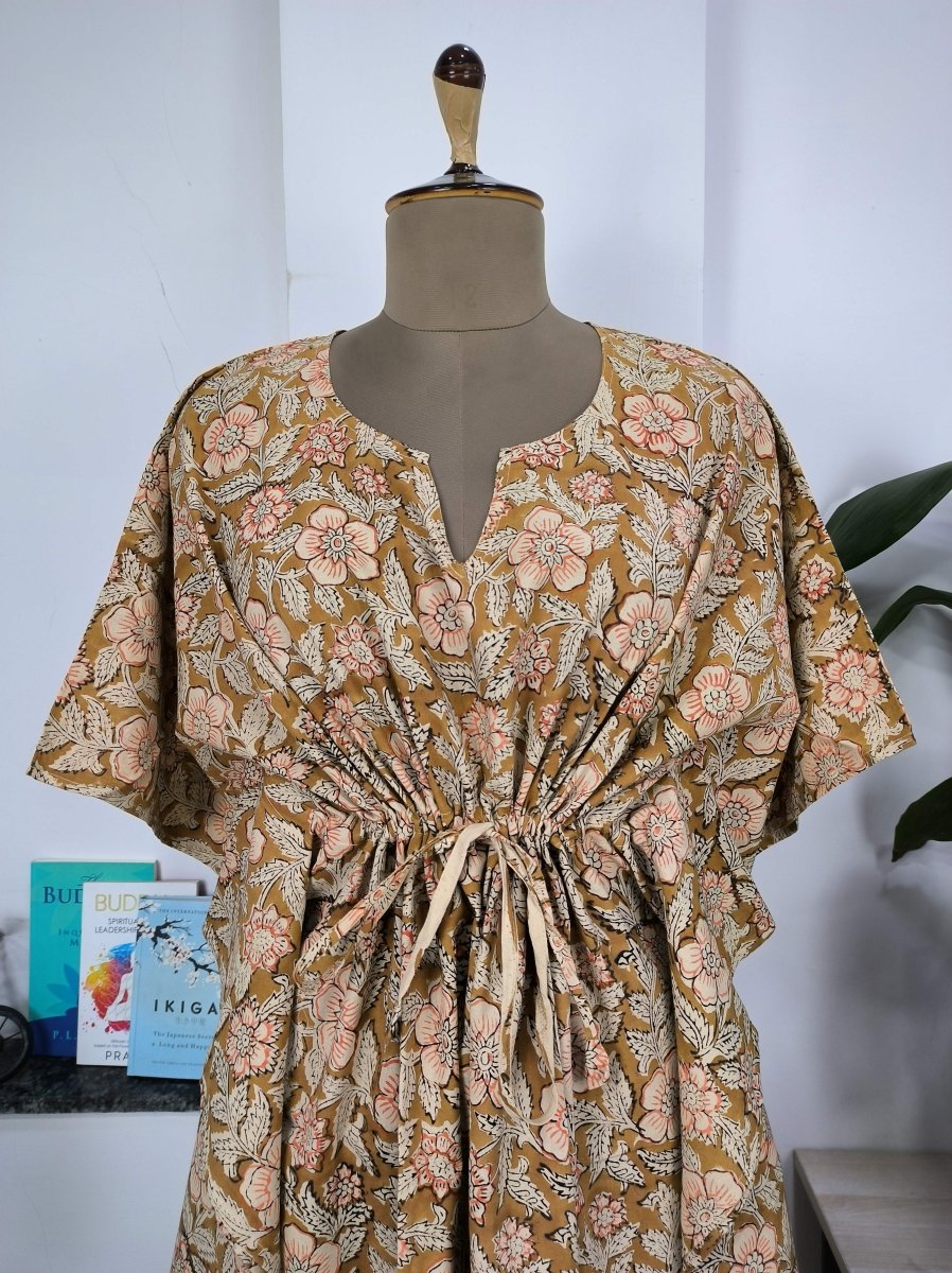 block-printed Cotton Kaftan Dress in golden brown