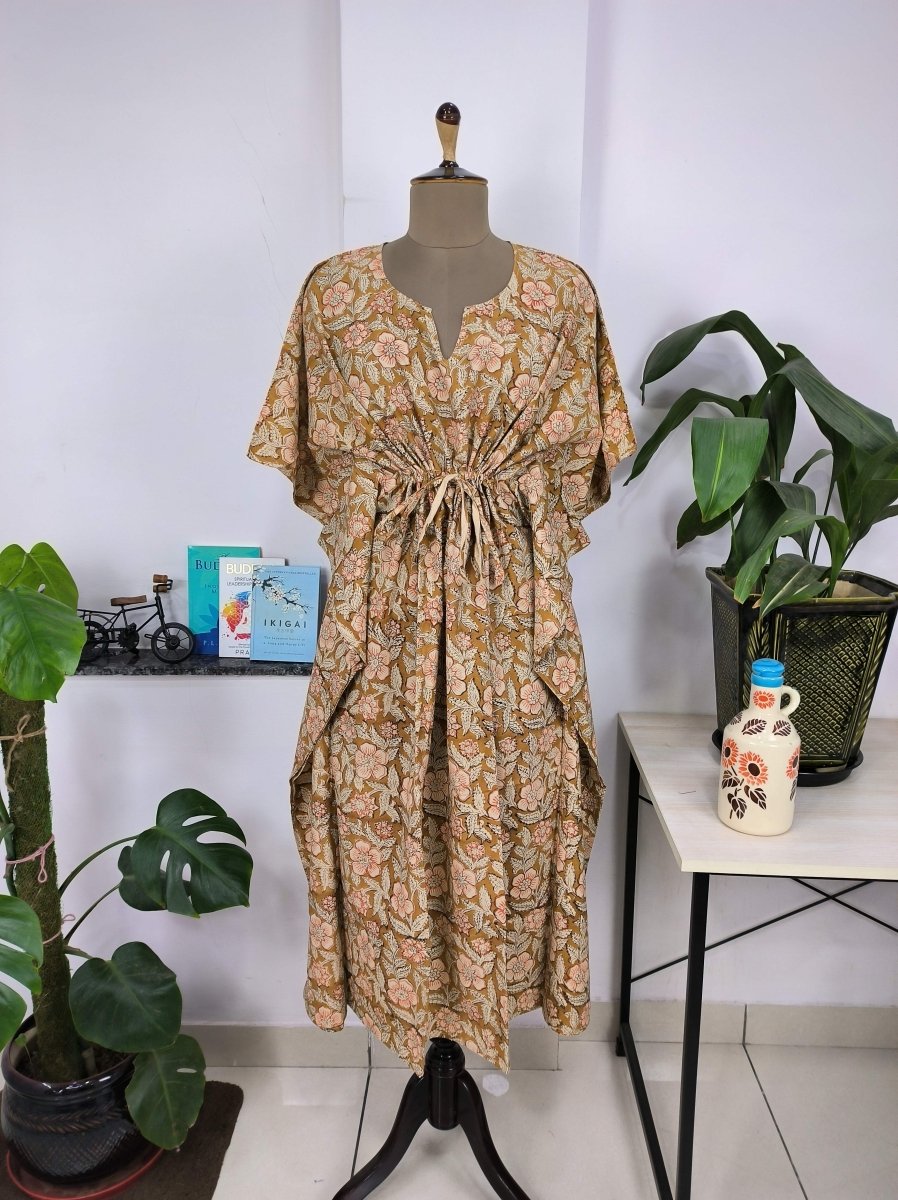 block-printed Cotton Kaftan Dress in golden brown