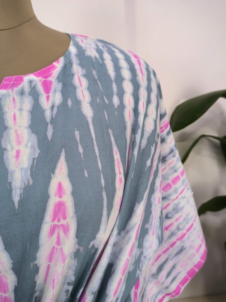 block-printed Cotton Kaftan Dress in pink grey tie-dye