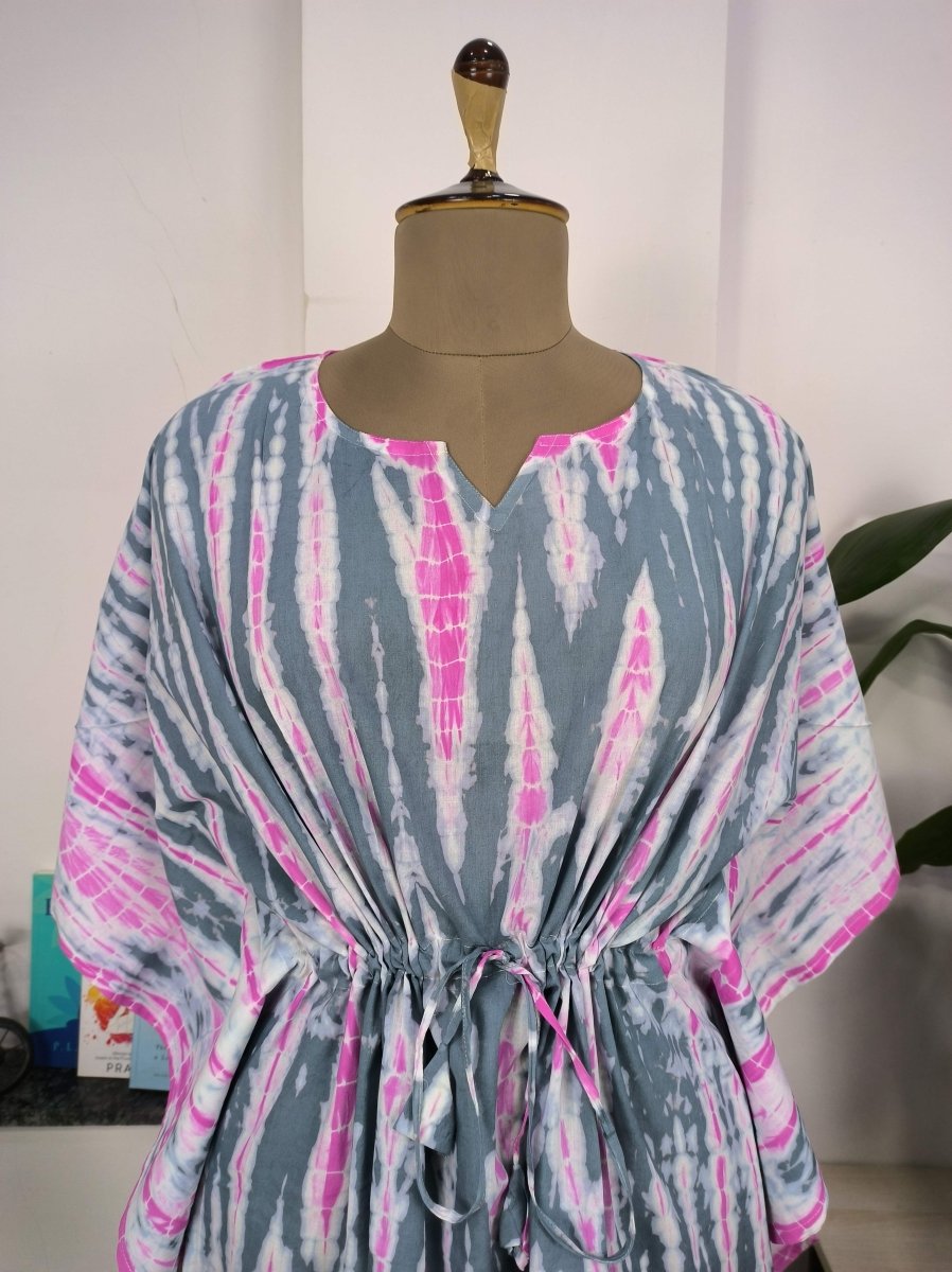 block-printed Cotton Kaftan Dress in pink grey tie-dye