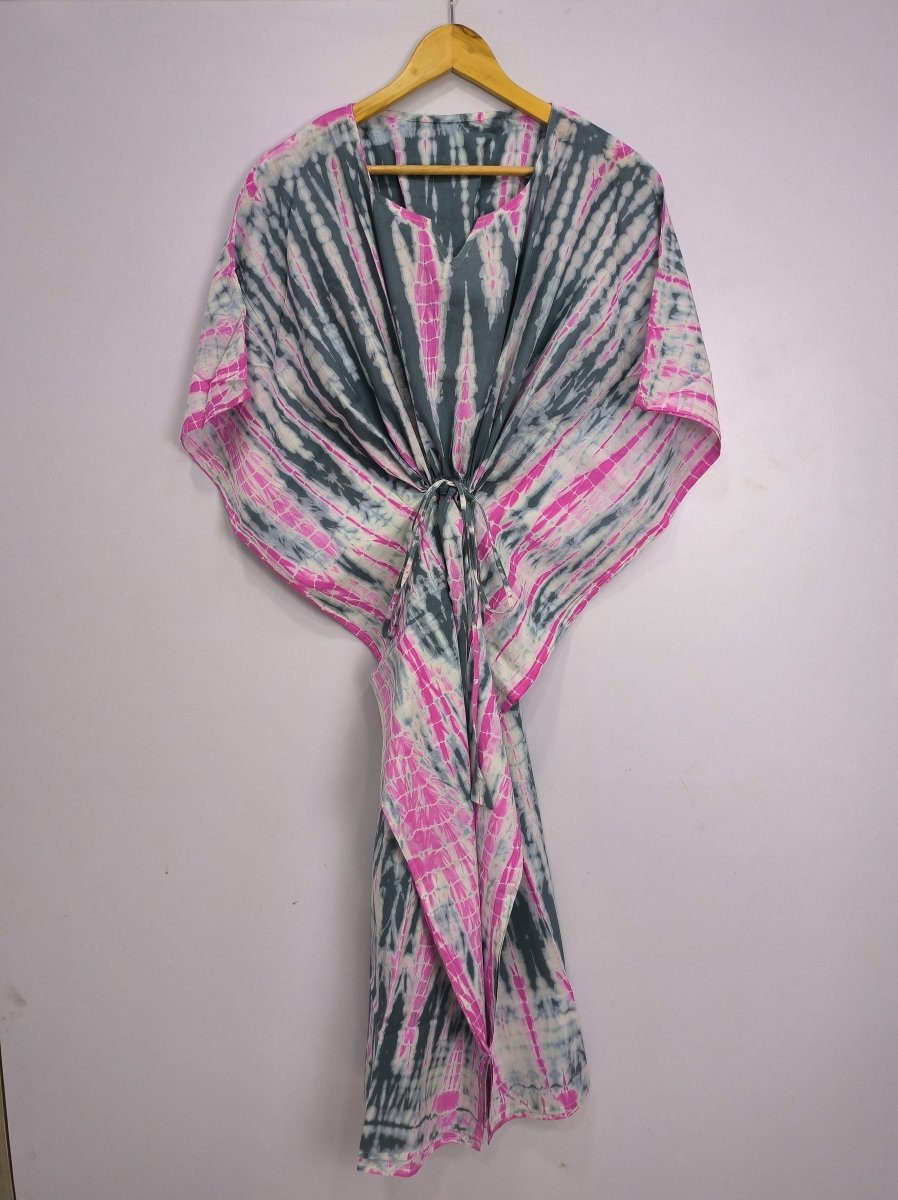 block-printed Cotton Kaftan Dress in pink grey tie-dye