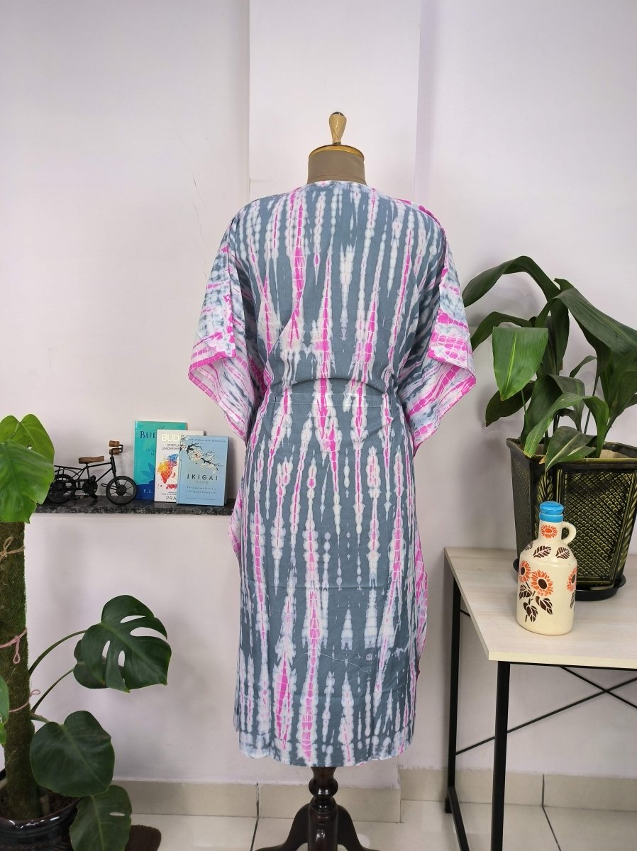 block-printed Cotton Kaftan Dress in pink grey tie-dye