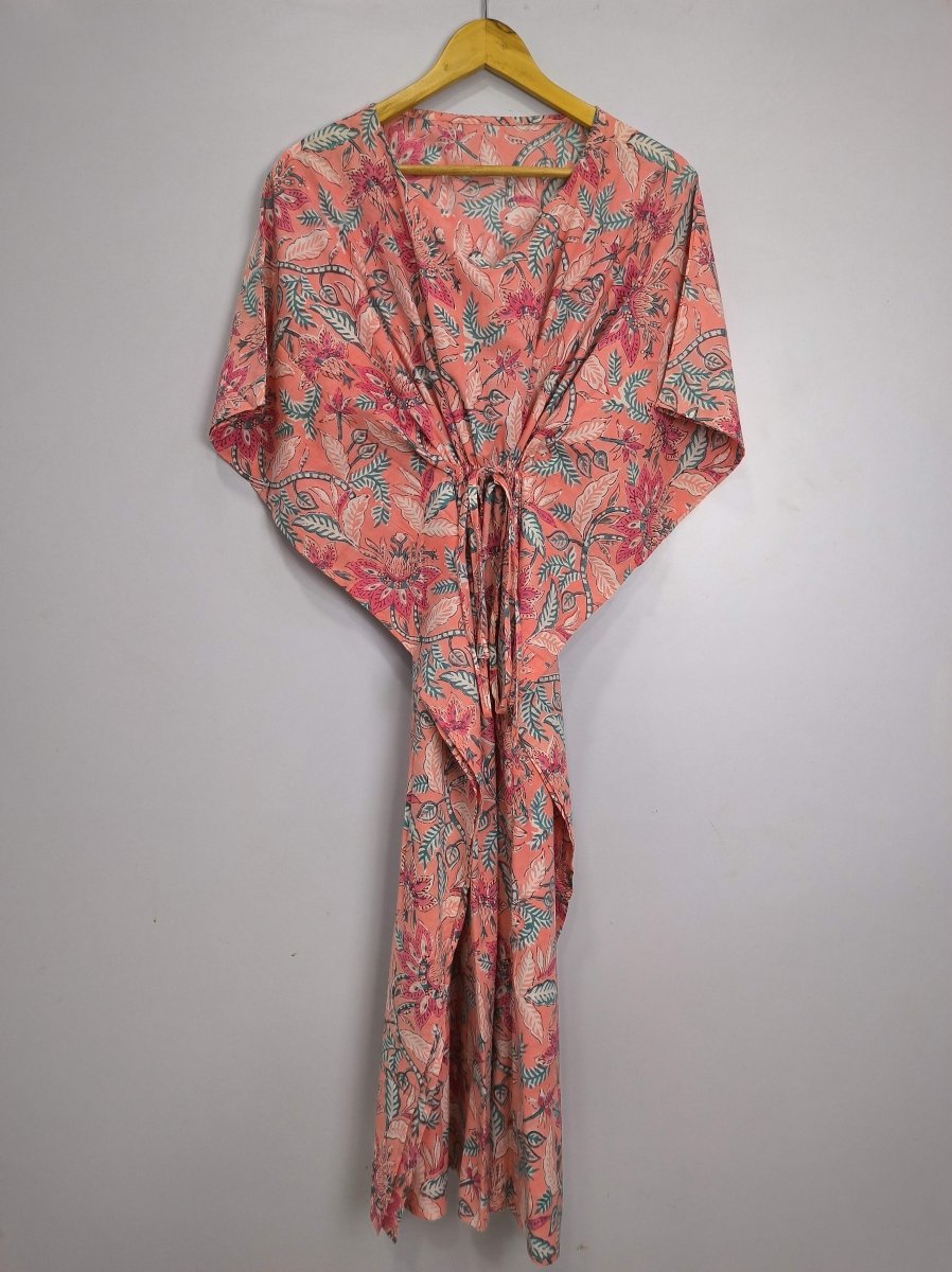 block-printed Cotton Kaftan Dress in salmon pink floral