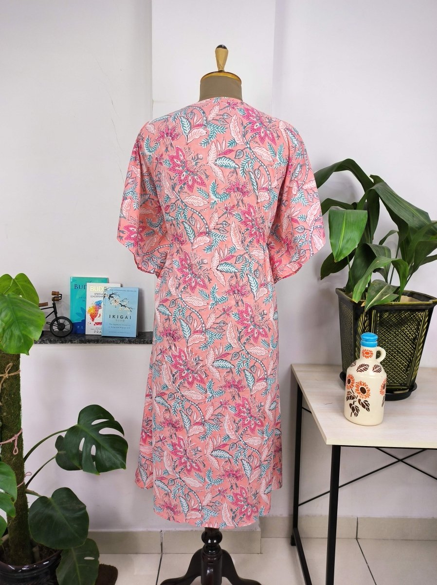 block-printed Cotton Kaftan Dress in salmon pink floral