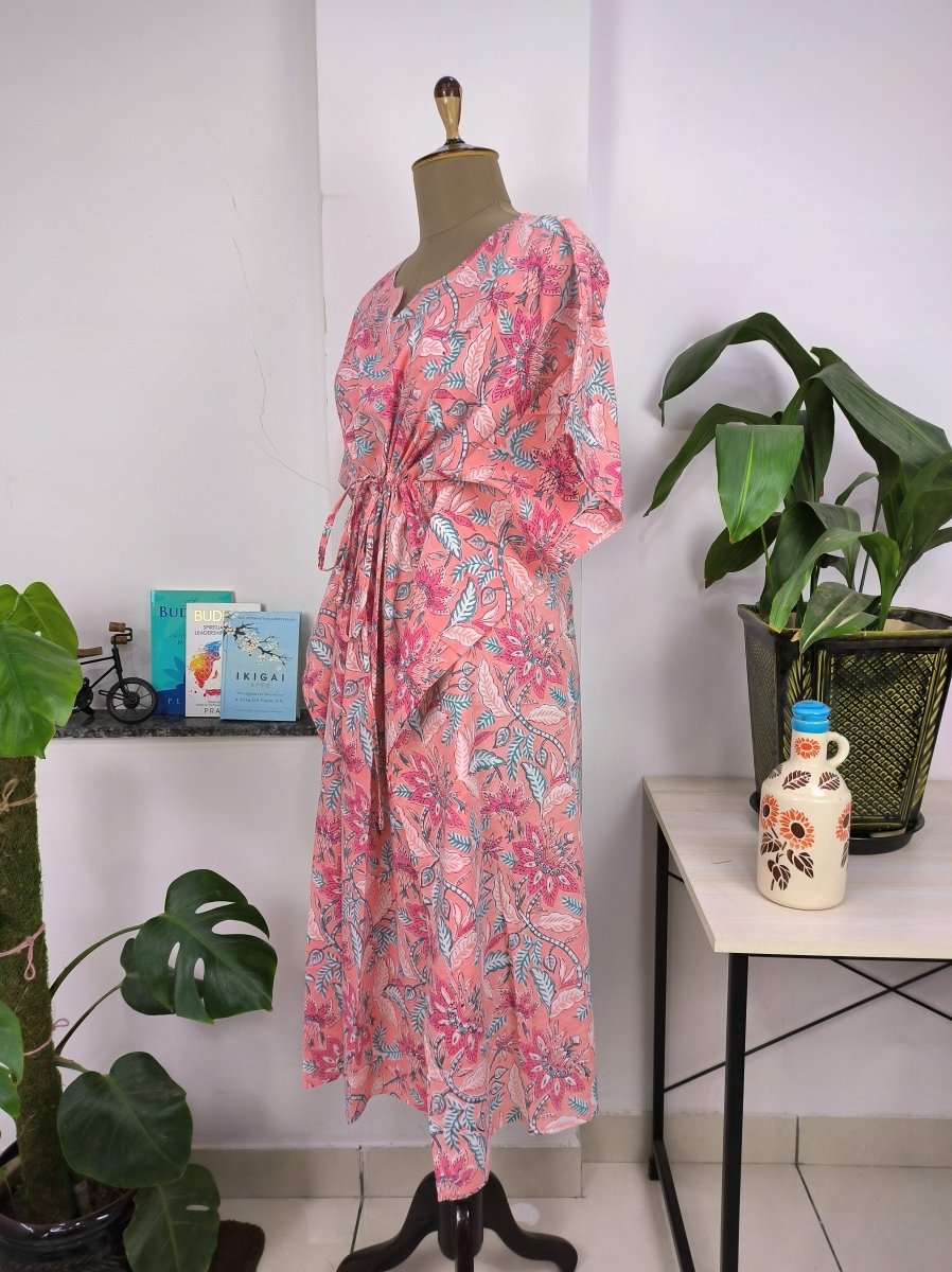 block-printed Cotton Kaftan Dress in salmon pink floral