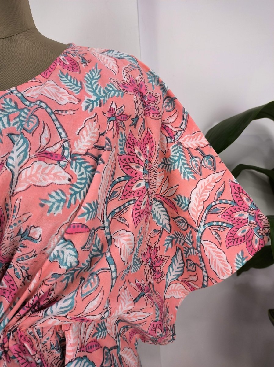 block-printed Cotton Kaftan Dress in salmon pink floral
