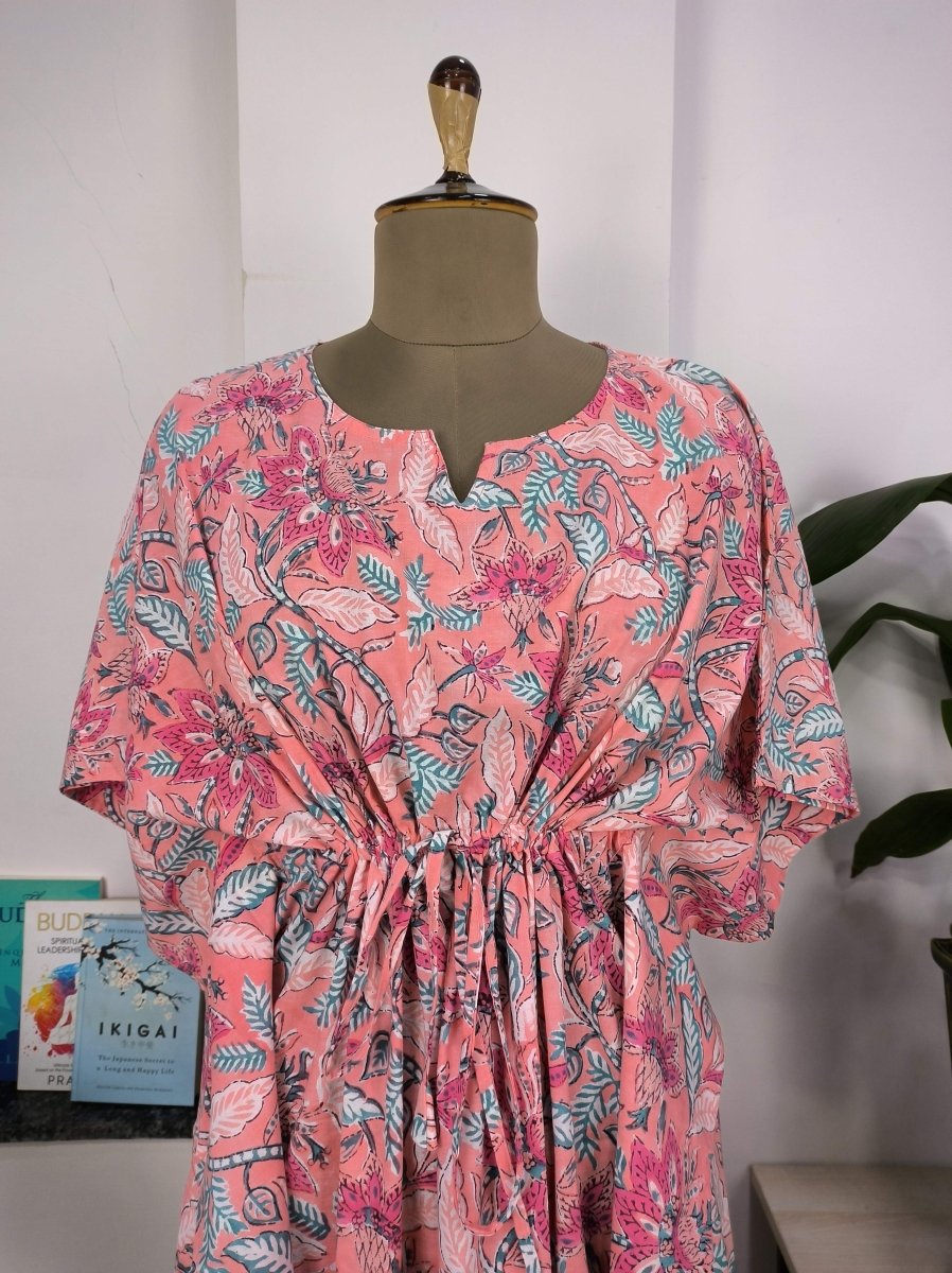 block-printed Cotton Kaftan Dress in salmon pink floral