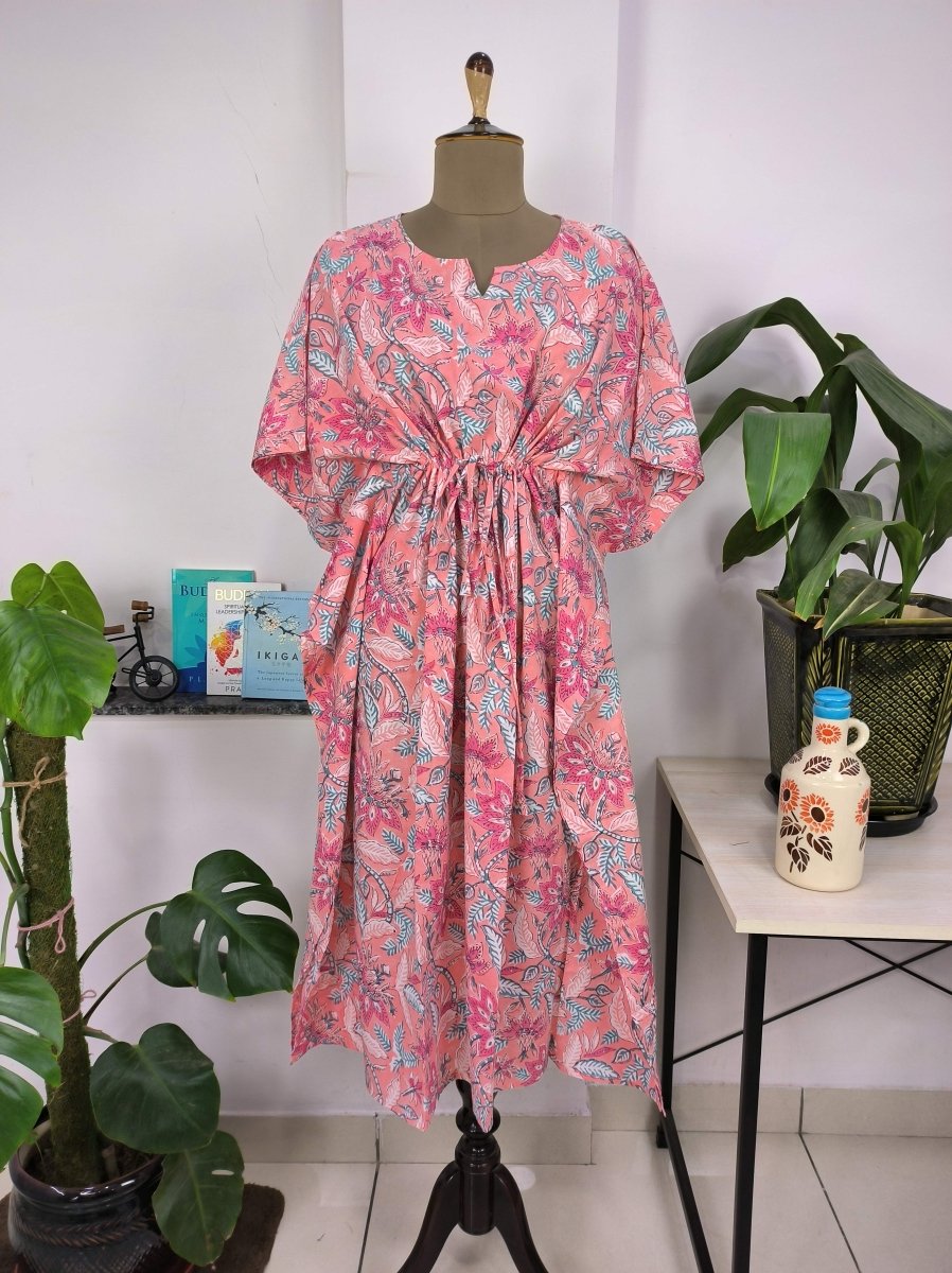 block-printed Cotton Kaftan Dress in salmon pink floral