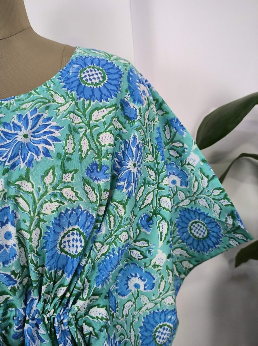 block-printed Cotton Kaftan Dress in green blue floral